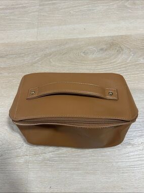 Structured Tan Faux-Leather Travel Cosmetic Pouch with Top Handle